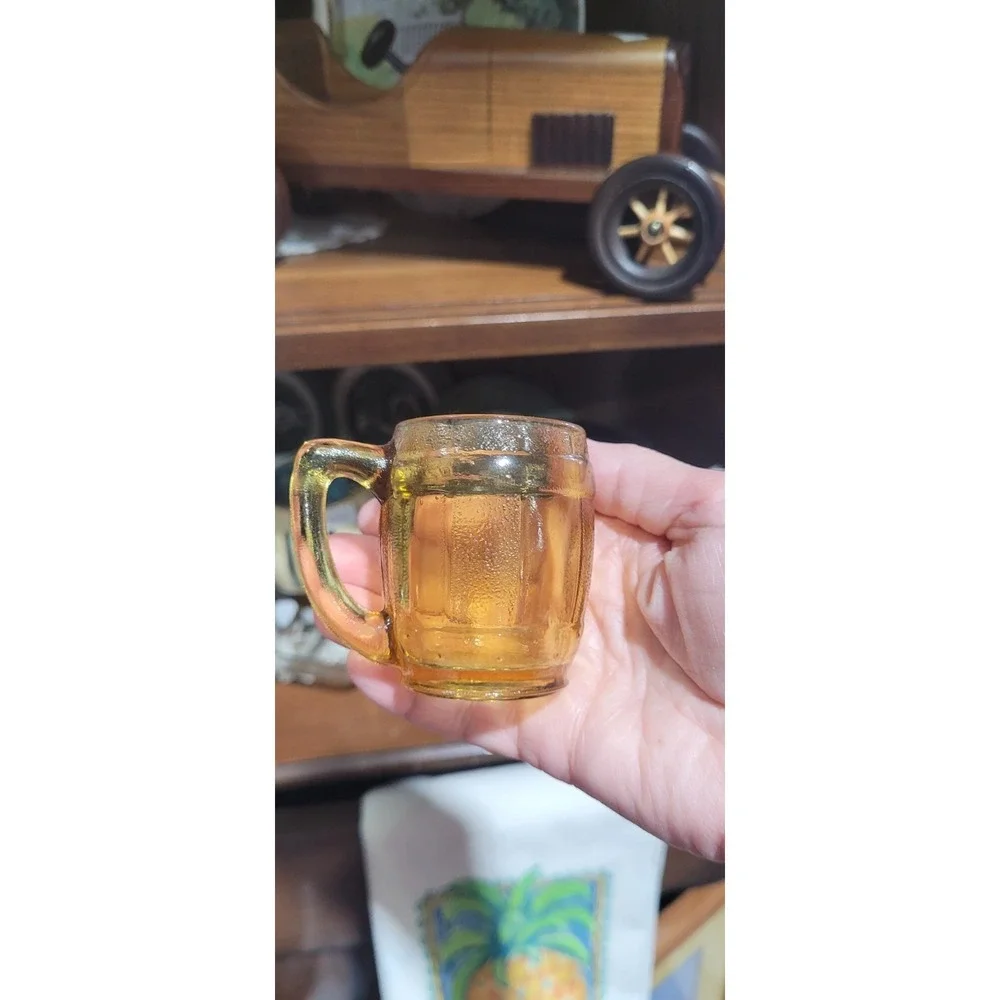 Vintage Amber Glass Barrel Miniature Mug Shot Glass Toothpick Holder Whiskey
